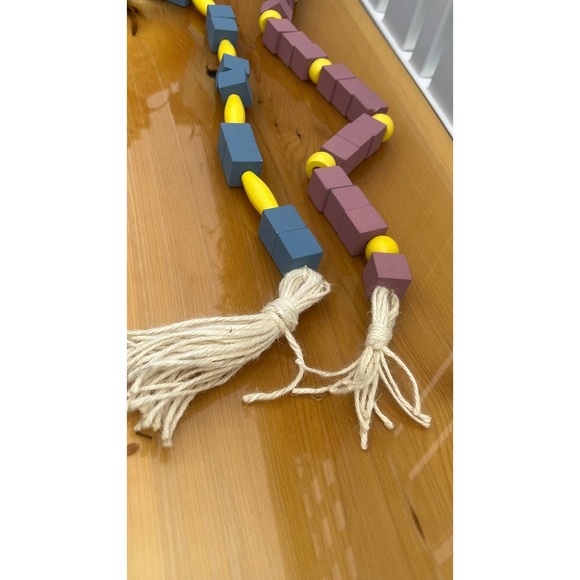 Chunky Wooden Mauve and Yellow Beaded Garland with Jute Tassels - Picture 8 of 10